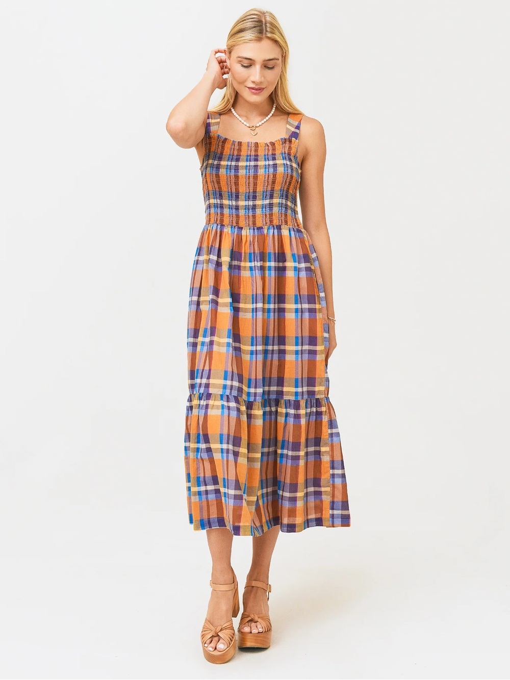 Trovata Birds of Paradis Plaid Smocked Tiered Maxi Dress Medium Pockets